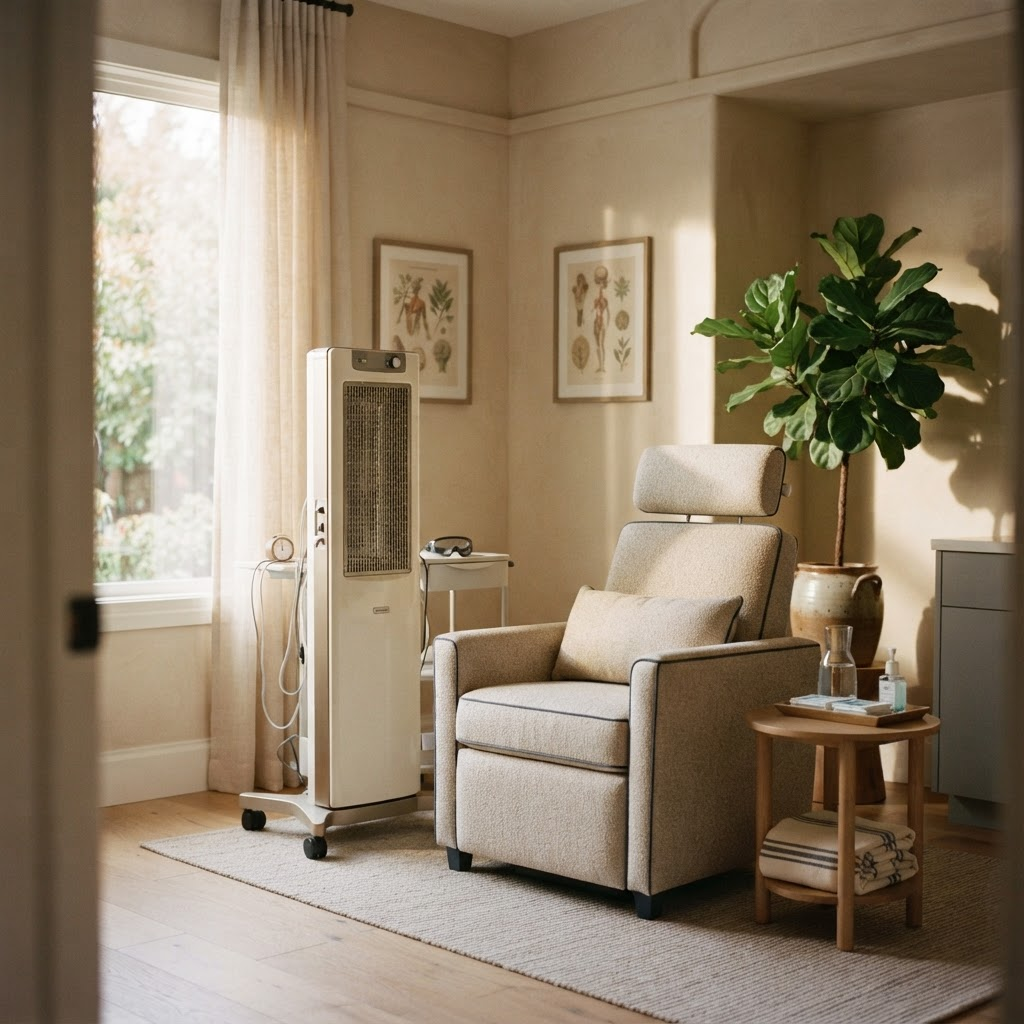A calm, softly lit clinical light therapy space